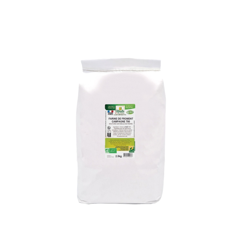 Farine de froment campagne T80 meule de pierre, bio équitable en France en vrac