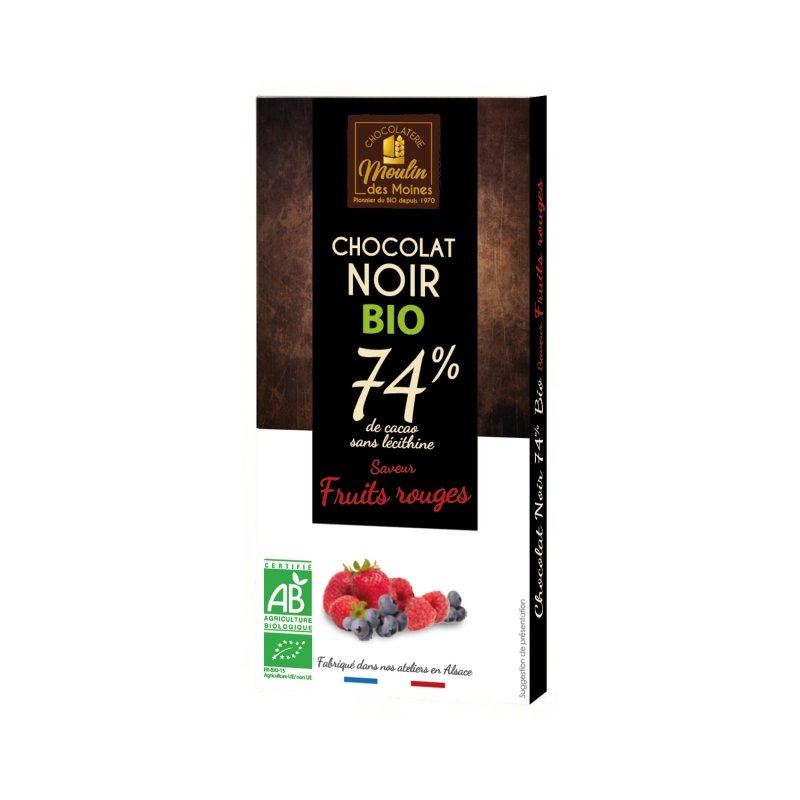 Tablette Chocolat noir 74% aux fruits rouges bio