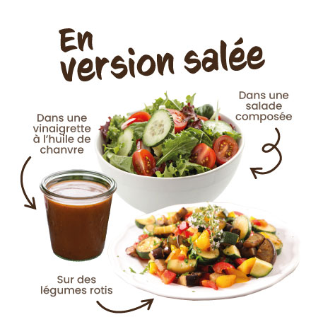 Cuisiner des plats salés avec des graines de chanvre, mettre des graines de chanvre dans ses salades, mettre des graines de chanvre sur ses légumes rôtis, faire une vinaigrette à l'huile de graines de chanvre