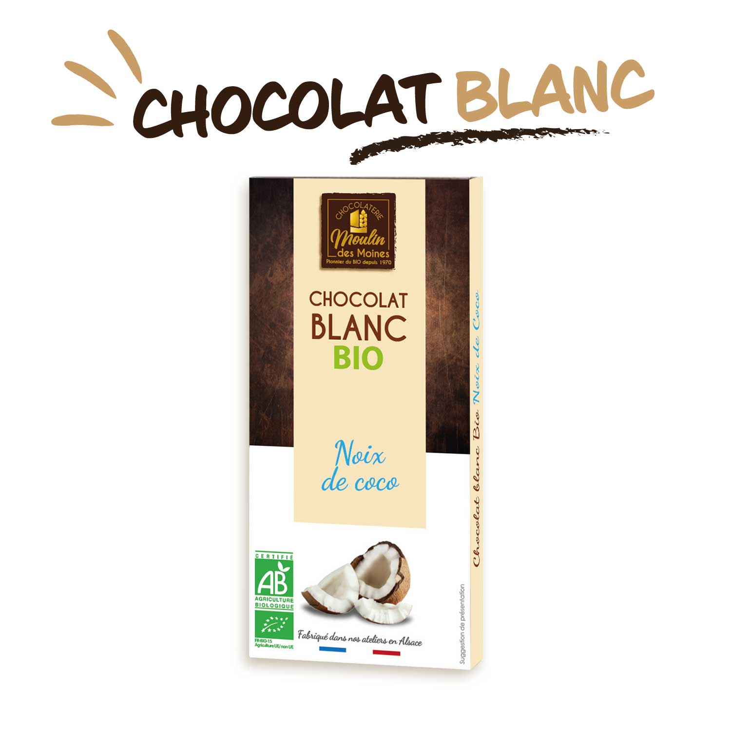 Tablette chocolat blanc noix de coco bio Moulin des Moines