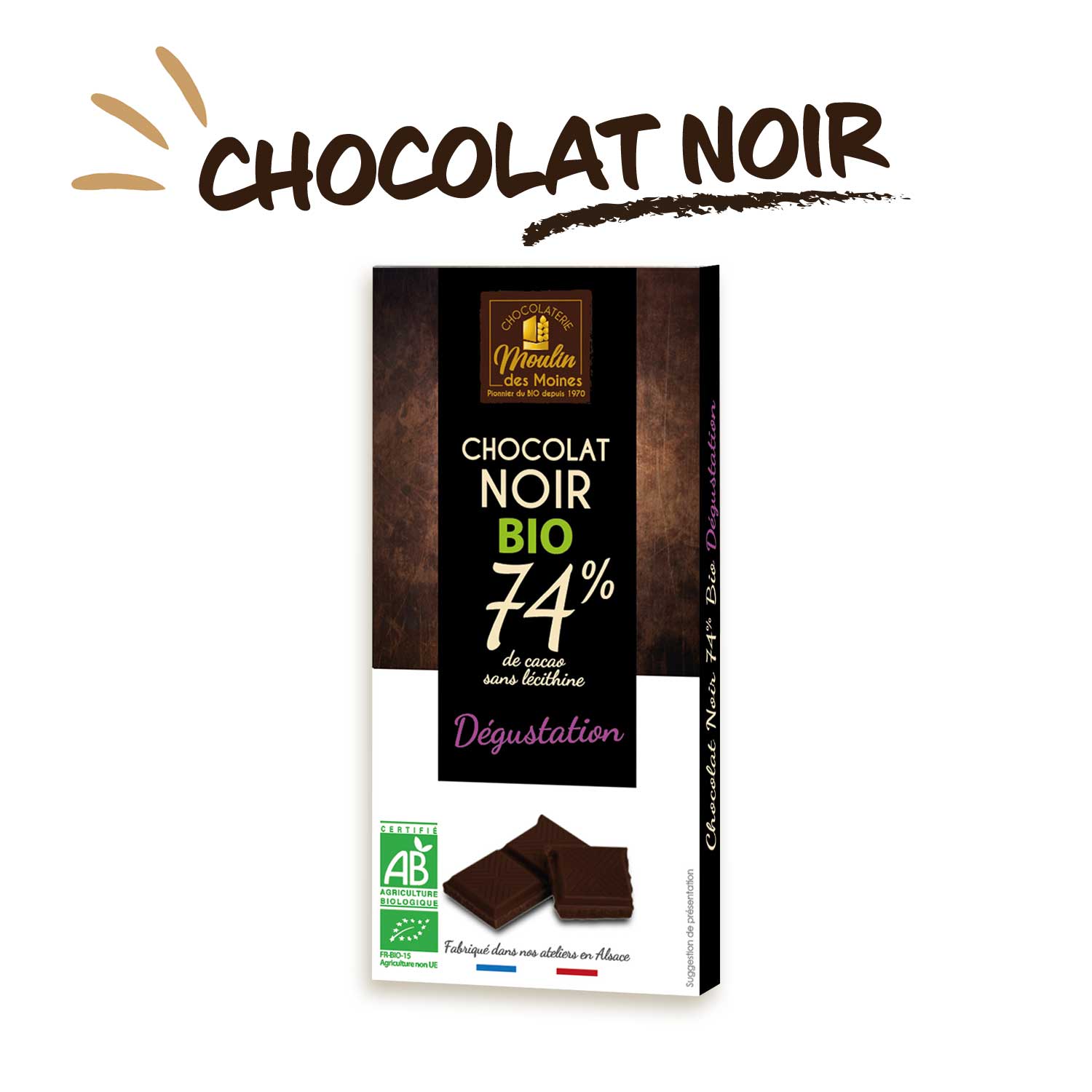 Tablette chocolat noir 74% bio Moulin des Moines