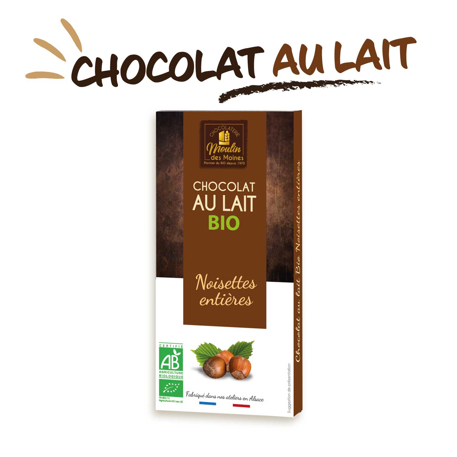 Tablette chocolat au lait noisettes entières bio Moulin des Moines