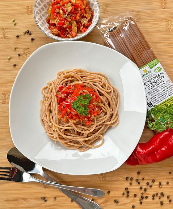 Spaghettines de petit épeautre et poivrons doux