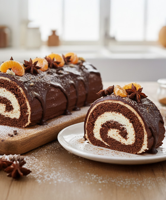 Bûche au chocolat noir, clémentine et mousse mascarpone à la cannelle